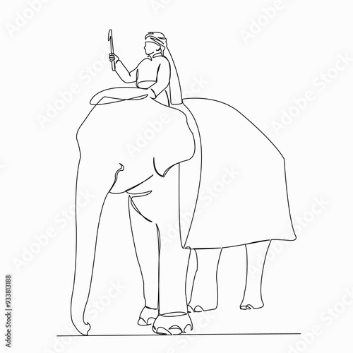 One continuous single drawn line art doodle indian, elephant, asia, rajasthan, soldier. isolated image hand-drawn contour on a white background photo