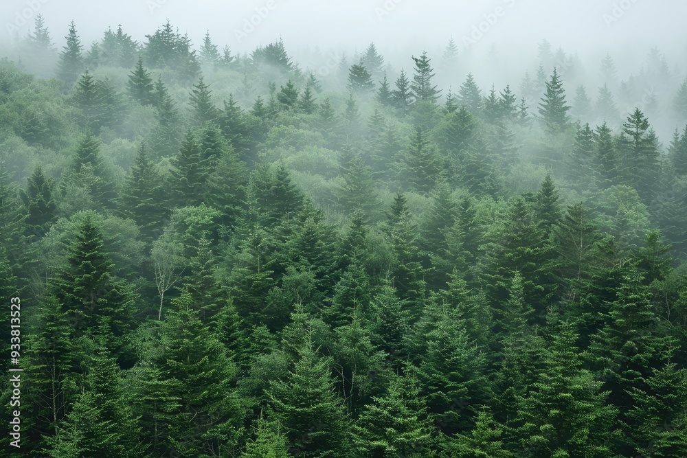Obraz premium Misty Evergreen Forest with Dense Canopies