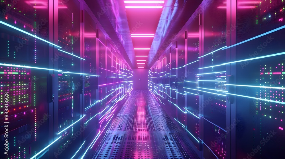 Connection network in servers data center room storage systems 3D rendering. Connection network in servers data center room storage systems 3D rendering.