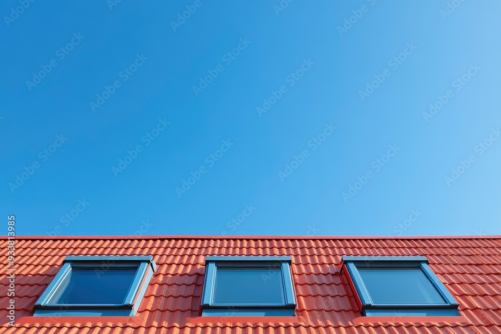 Fototapeta premium Hausdach mit Solarplatten vor blauem Himmel with generative ai