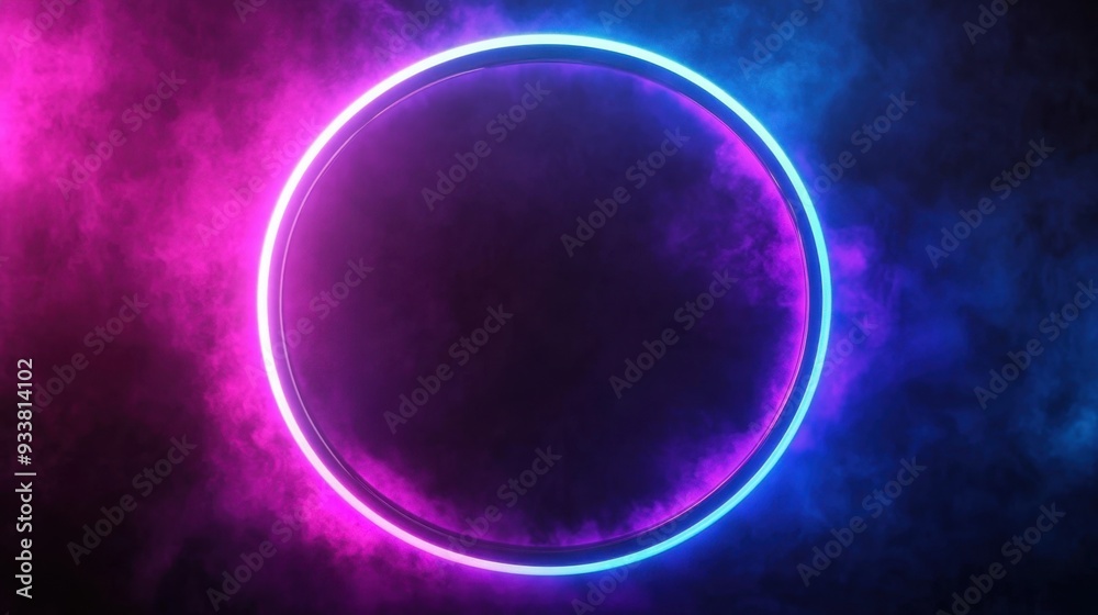 Circular neon futuristic sign frame in vibrant blue and purple tones, glowing against a dark, atmospheric background Circular neon futuristic sign frame in vibrant blue and purple tones, glowing against a dark, atmospheric background