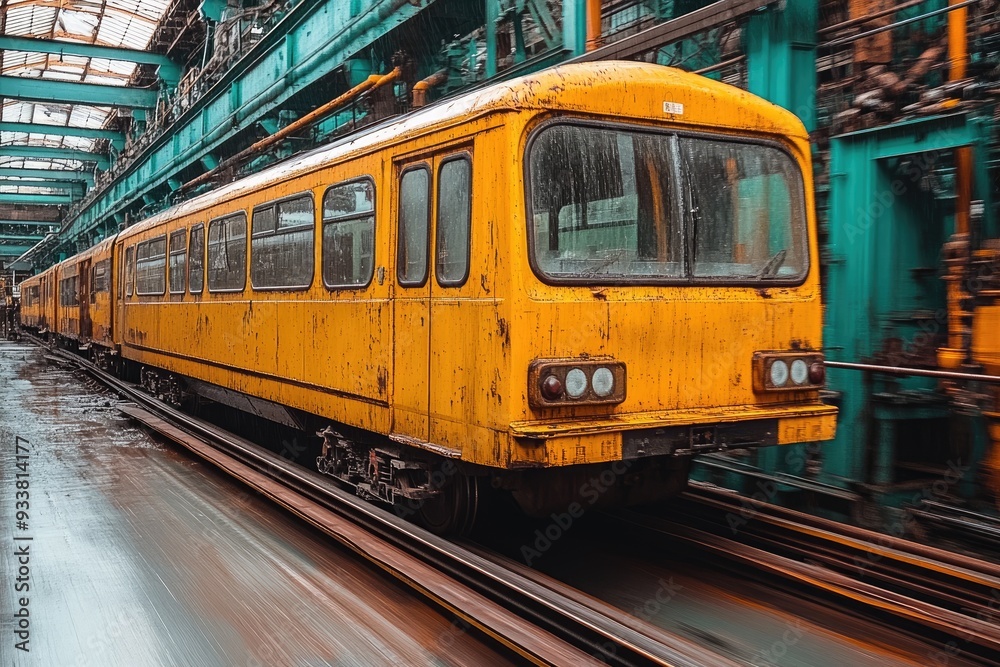 Rusty Yellow Train Car Moving Through an Industrial Building Rusty Yellow Train Car Moving Through an Industrial Building
