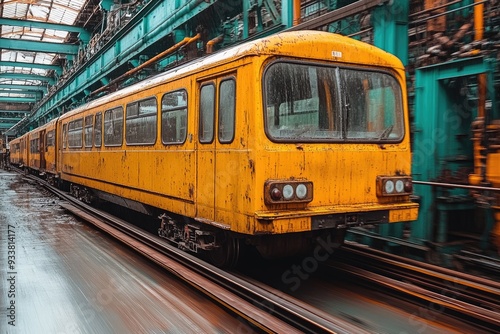 Rusty Yellow Train Car Moving Through an Industrial Building