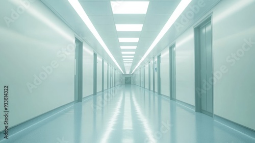 Hospitality in Solitude: An Empty Hospital Corridor Illuminated by Bright Overhead Lights