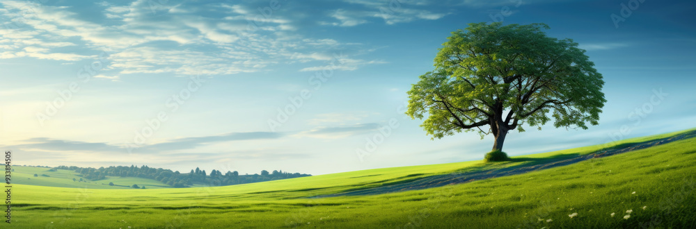 In the center of a vast grassy field, there stands a solitary tree, providing shade and beauty to the surrounding landscape In the center of a vast grassy field, there stands a solitary tree, providing shade and beauty to the surrounding landscape