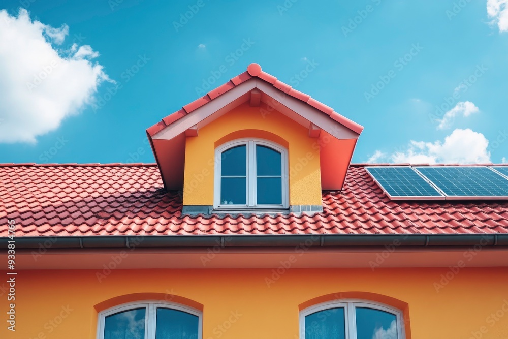 Hausdach mit Solarplatten vor blauem Himmel with generative ai Hausdach mit Solarplatten vor blauem Himmel with generative ai