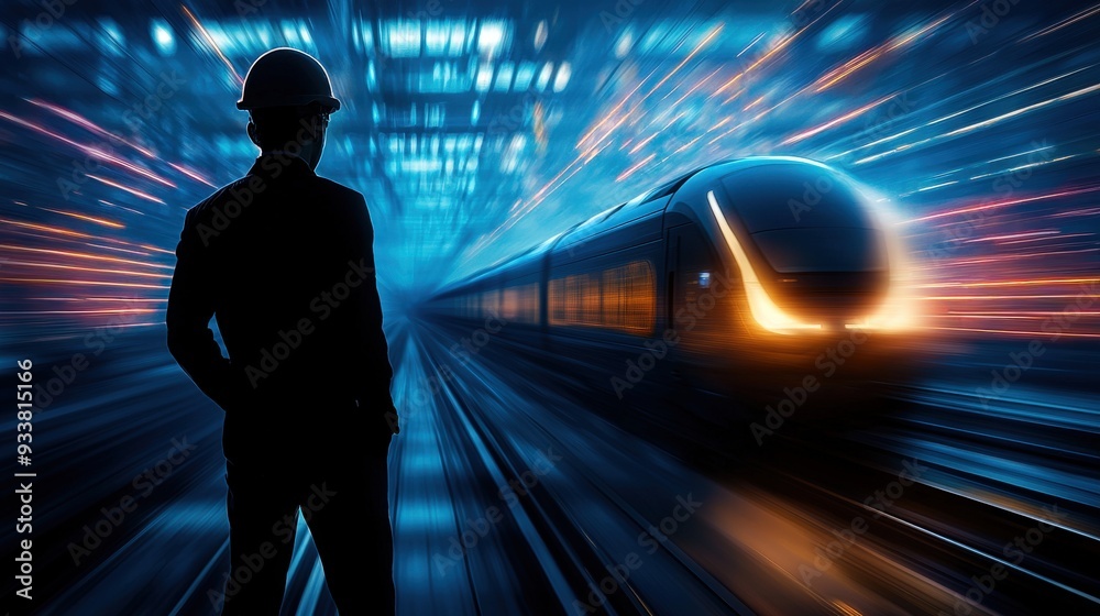 Silhouette of an engineer on a train track with a futuristic train in the background and motion blur