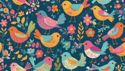 Seamless cartoon pattern of birds and flowers in bright colors for children