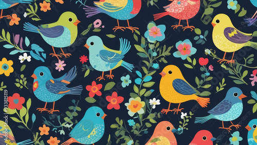 Seamless cartoon pattern of birds and flowers in bright colors for children