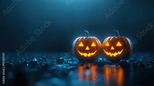 Glowing jack-o'-lantern faces fading into a dark, misty background, blurred edges and soft light, photo realistic, spooky Halloween vibe