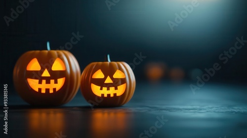 Glowing jack-o'-lantern faces fading into a dark, misty background, blurred edges and soft light, photo realistic, spooky Halloween vibe