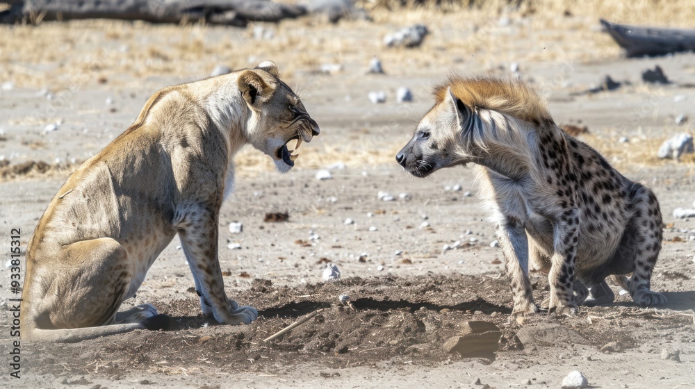 Lioness and Hyena Face Off in the African Savanna. Lioness and Hyena Face Off in the African Savanna.