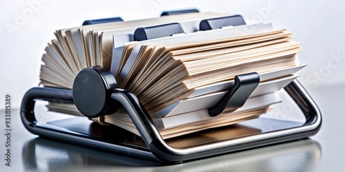 A close-up shot of a Rolodex with organized contact cards, business, organization, contact information, office supplies