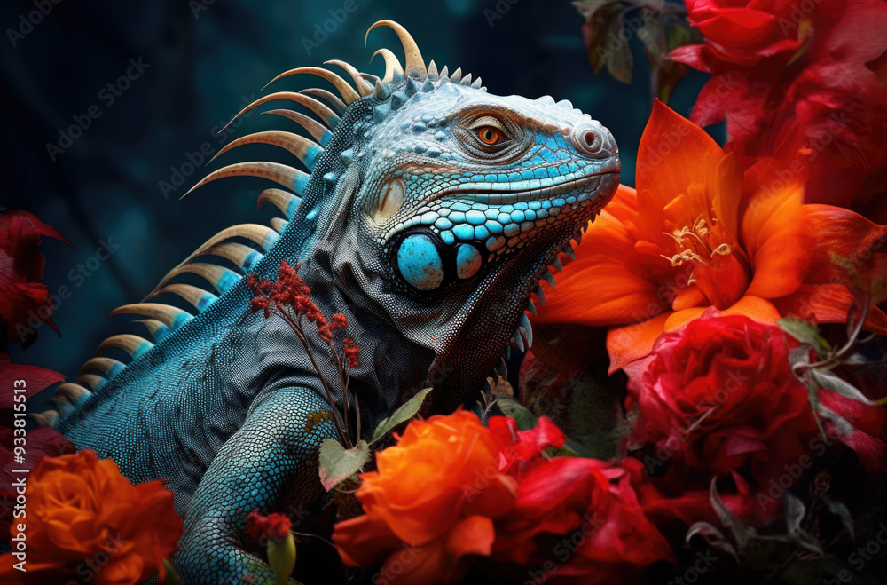Fototapeta premium A very vibrant blue lizard is surrounded by beautiful red and orange flowers that enhance its striking appearance in this scene