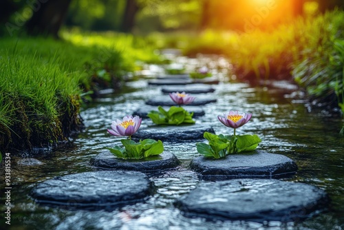 Water Lily Flowers Growing on Stepping Stones in a Creek