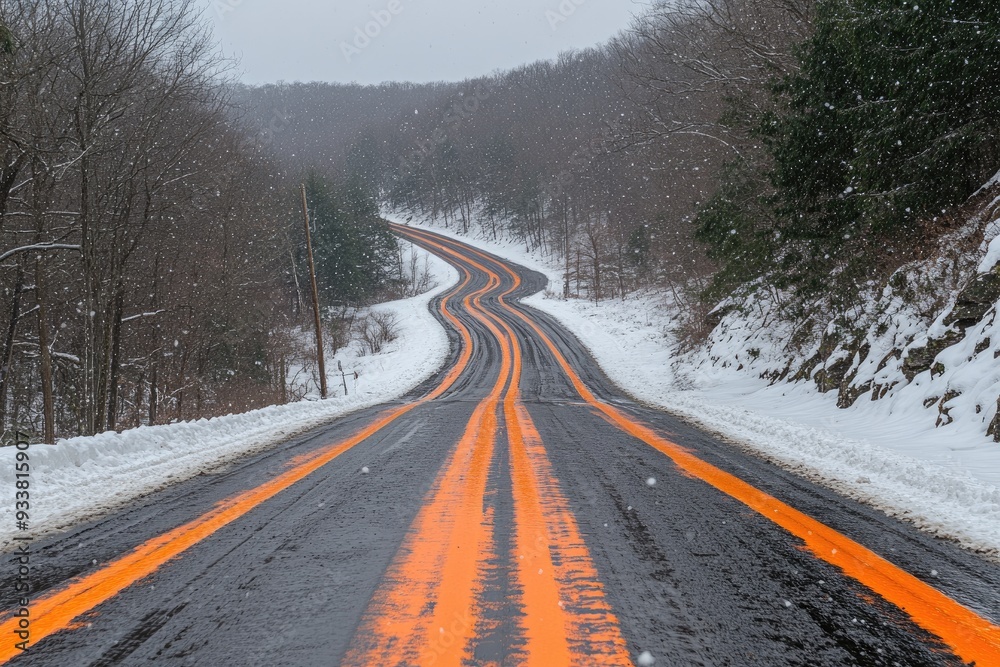 Winding Asphalt Road with Bright Orange Lines Through Snowy Forest Winding Asphalt Road with Bright Orange Lines Through Snowy Forest