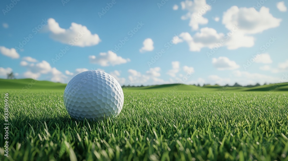 Realistic 3D rendering of a golf ball resting on perfectly manicured green grass under a clear blue sky, embodying sports and leisure Realistic 3D rendering of a golf ball resting on perfectly manicured green grass under a clear blue sky, embodying sports and leisure