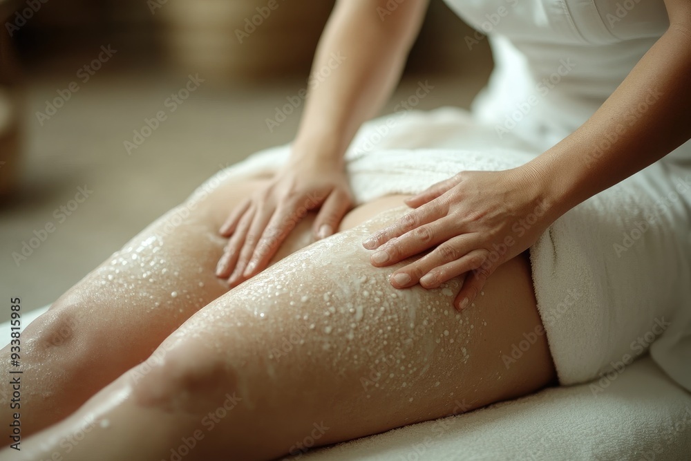Woman Applying White Body Scrub to Her Leg Woman Applying White Body Scrub to Her Leg
