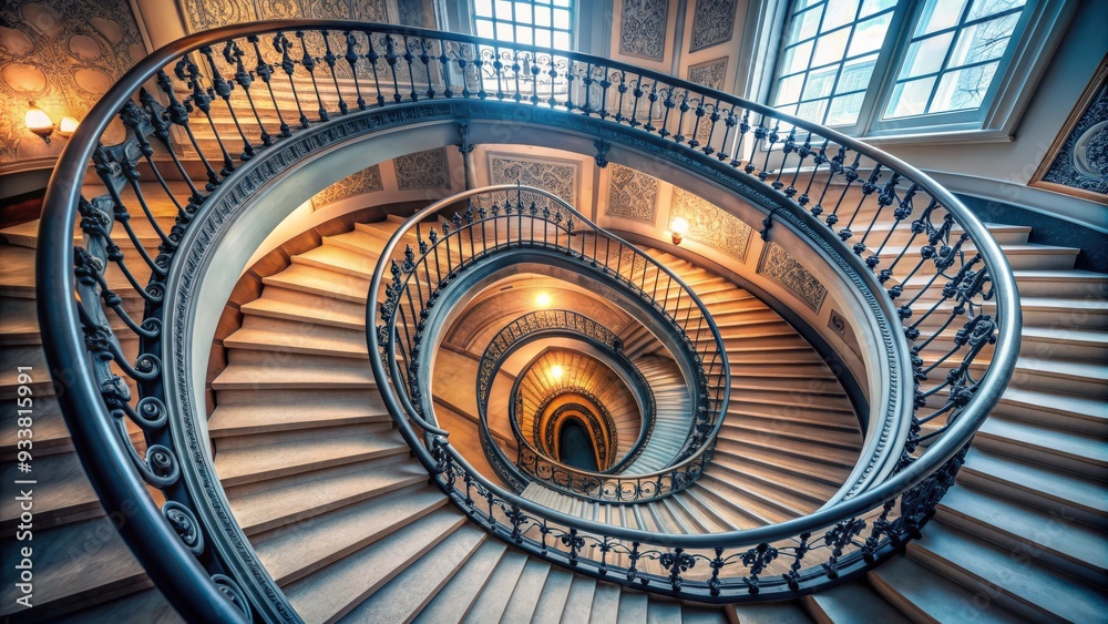 Fototapeta premium Spiral staircase with intricate European architectural design , European, style, architectural, spiral, staircase, ornate, elegant