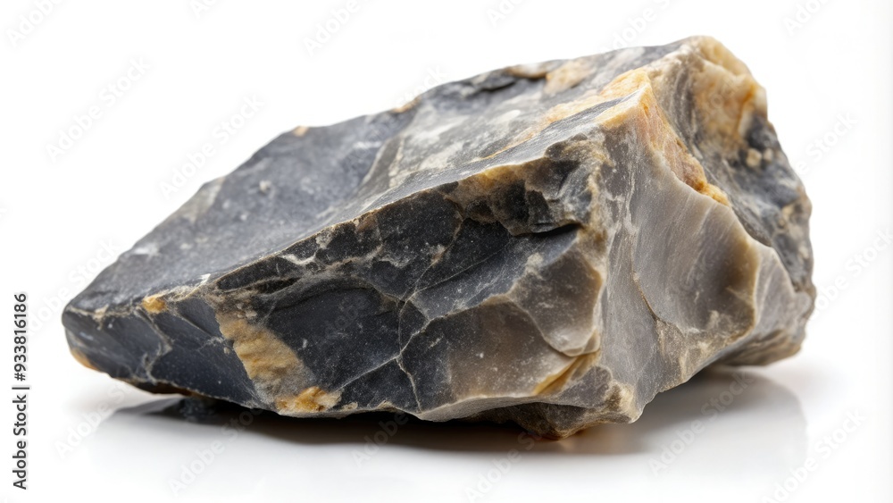A solitary flint stone lies centered on a pure white background, its rough, dark grey texture and sharp edges standing out in stark contrast. A solitary flint stone lies centered on a pure white background, its rough, dark grey texture and sharp edges standing out in stark contrast.