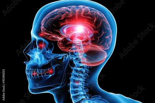 X-Ray of Human Head and Spine with Illuminated Brain