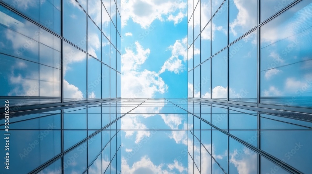 A modern, symmetrical architectural scene with skyscrapers reflecting clouds in the blue sky. A modern, symmetrical architectural scene with skyscrapers reflecting clouds in the blue sky.