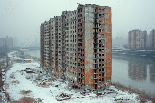 Abandoned Apartment Building by a River in Winter photo