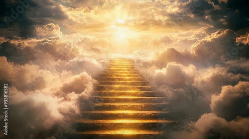 A glorious golden staircase in the clouds leading to the heavenly gates of paradise photo