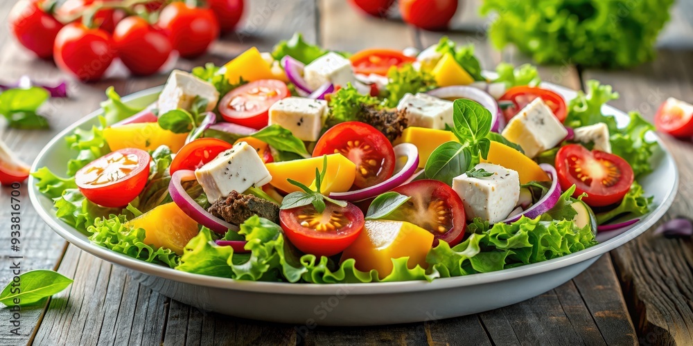 Fresh and colorful salad featuring a variety of cheeses and crisp vegetables, salad, cheese, fresh, vegetables