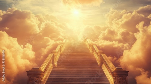 A golden staircase ascending through the clouds towards the heavenly gates of paradise