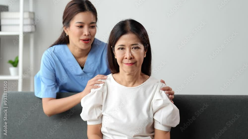Young nurse comforting elderly woman on sofa Young nurse comforting elderly woman on sofa