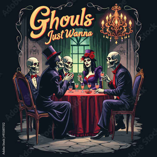 Gothic Halloween T-Shirt Design with Victorian Ghouls at Masquerade Ball
