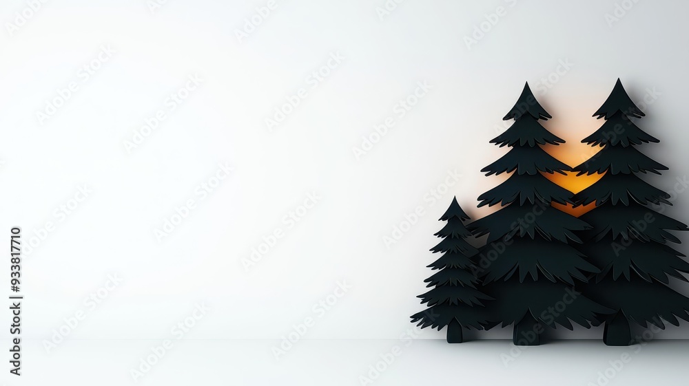 Obraz premium Silhouette of abstract Christmas trees fading into a snowy white background with soft glowing lights, photo realistic, minimalist holiday elegance