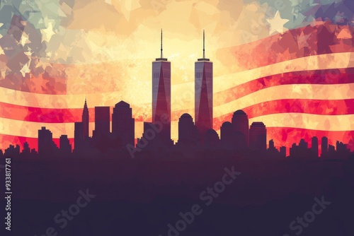 A nostalgic view of the NYC skyline at sunset, featuring the Twin Towers in all their glory, an enormous USA flag billowing in the wind, and a banner commemorating / American Patriot Day 