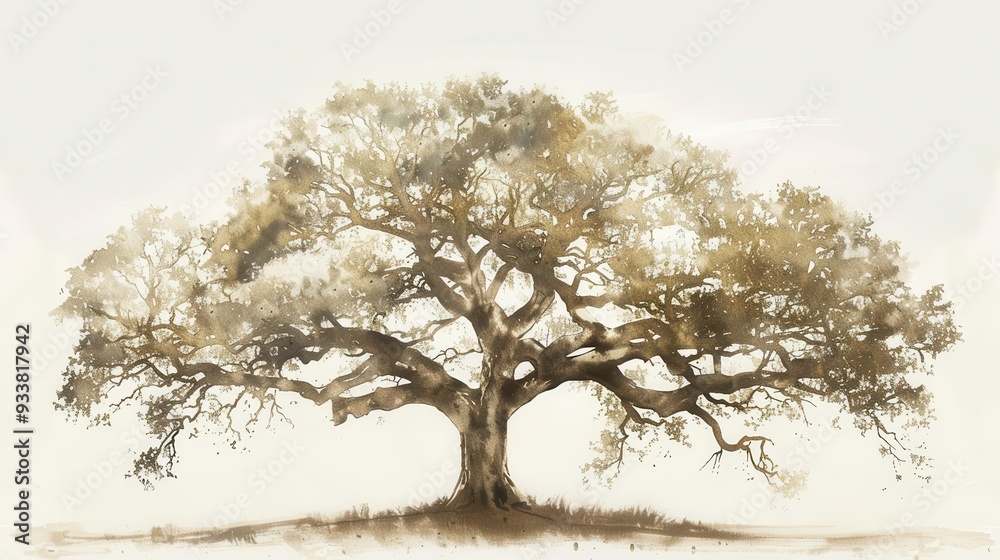 majestic oak tree with spreading branches delicate watercolor technique soft earth tones white negative space elegant botanical illustration style emphasis on texture and form majestic oak tree with spreading branches delicate watercolor technique soft earth tones white negative space elegant botanical illustration style emphasis on texture and form