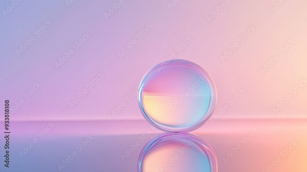 Glass sphere on a reflective surface with soft pastel gradient colors background Glass sphere on a reflective surface with soft pastel gradient colors background