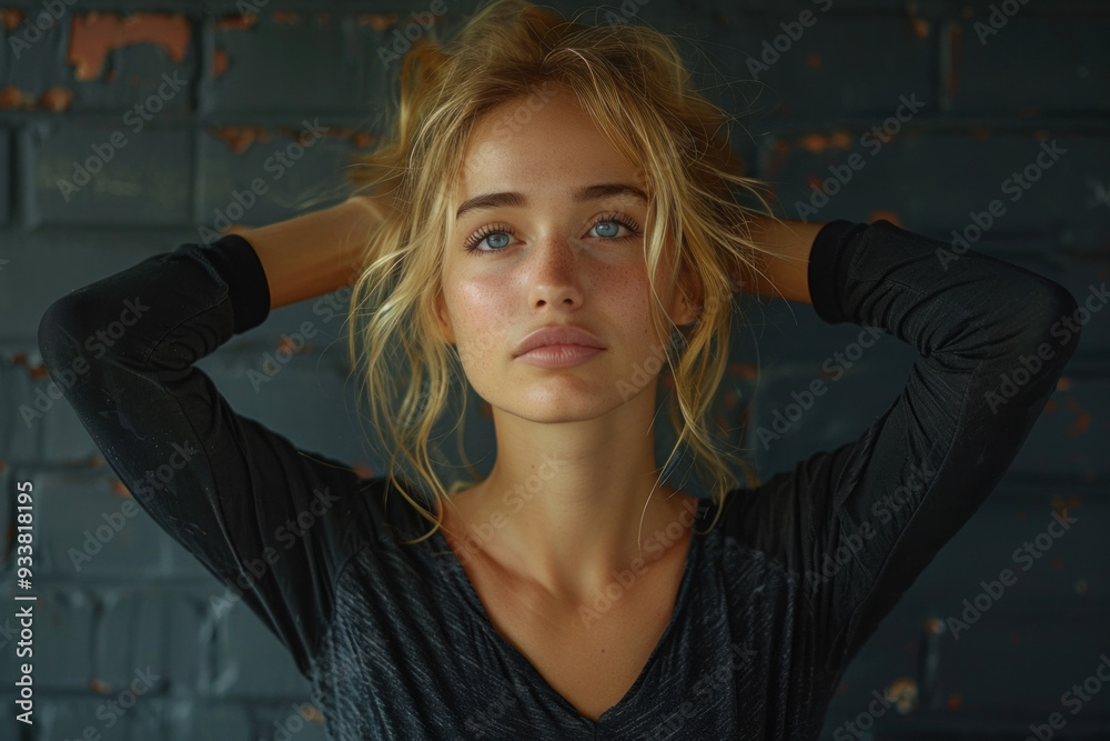 Young woman with contemplative expression and relaxed pose indoors Young woman with contemplative expression and relaxed pose indoors