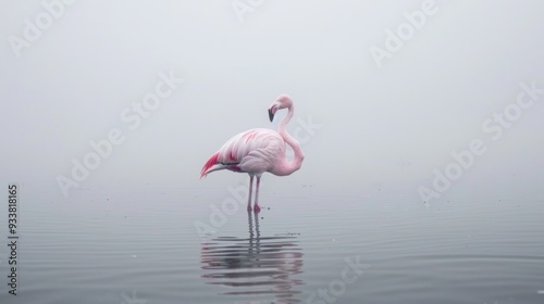 Lone flamingo standing in a misty lake.