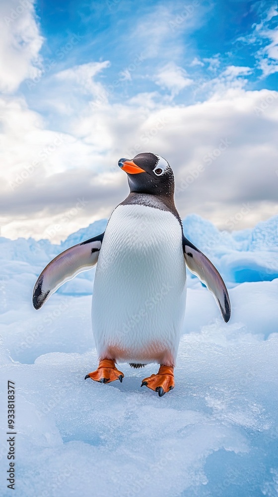 Fototapeta premium A charming penguin stands gracefully on a glacier, surrounded by stunning ice and a bright blue sky, capturing the essence of wildlife.