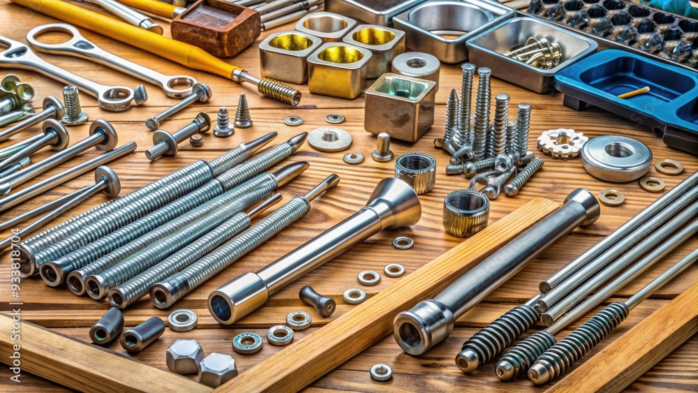 Assorted hardware and tools, including screws, bolts, and wrenches, laid out on a workbench before assembling furniture, awaiting organization and use. Assorted hardware and tools, including screws, bolts, and wrenches, laid out on a workbench before assembling furniture, awaiting organization and use.