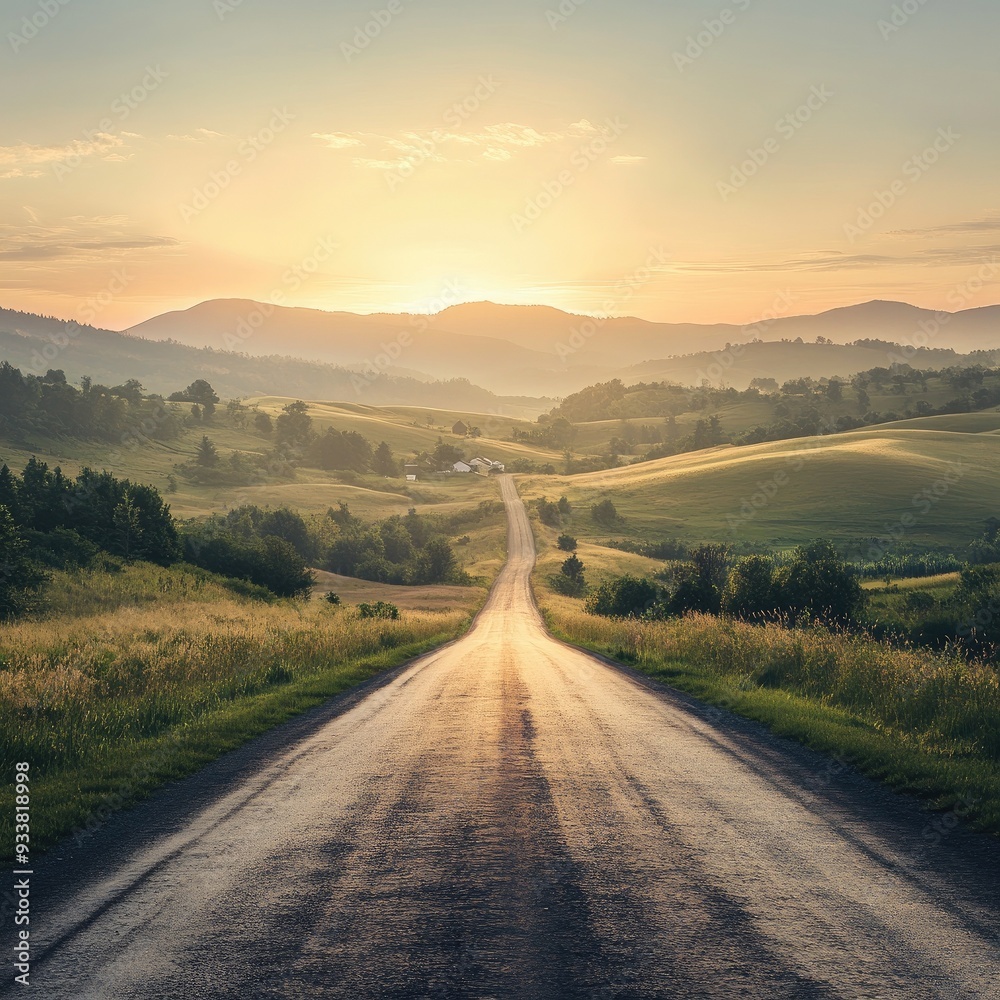 Obraz premium A serene landscape at sunrise, featuring a winding road cutting through lush green fields and distant rolling hills.