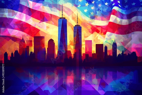 The Manhattan skyline at dusk, with the Twin Towers' distinctive silhouette set against a kaleidoscope of colors, a giant American flag waving proudly, and a banner honoring American Patriot Day  photo