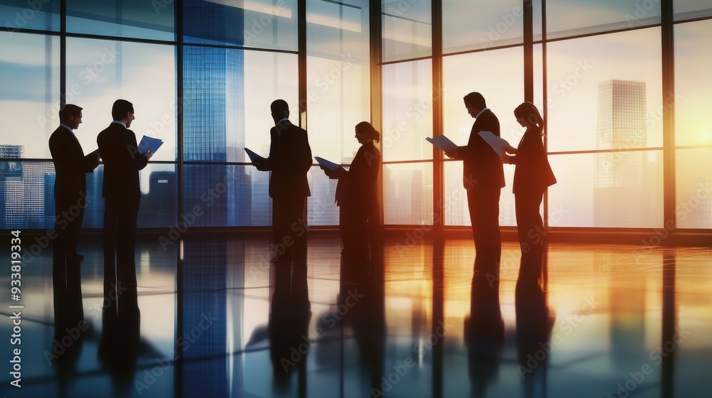 Business professionals engaged in meeting at sunset in modern office with city skyline. Business professionals engaged in meeting at sunset in modern office with city skyline.