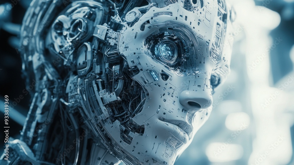 AI Artificial Intelligence Robot Head with digital graphic Brain Engine inside AI Artificial Intelligence Robot Head with digital graphic Brain Engine inside