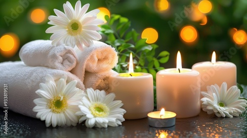 Relaxing spa setting with candles, rolled towels, and fresh daisies for a calming and rejuvenating experience.