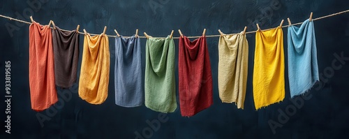 Hand-dyed fabric hanging to dry on a rustic line, vibrant colors and subtle textures, photo realistic, textile craft art photo