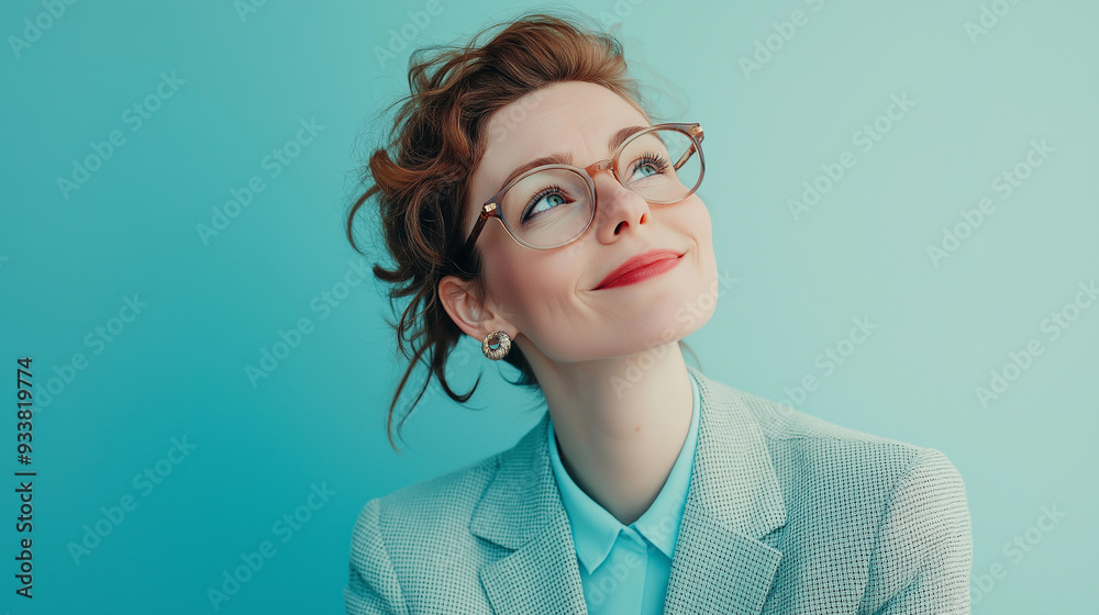 Elegant Woman in Stylish Suit with Blue Eyes and Glasses, Gazing Away Elegant Woman in Stylish Suit with Blue Eyes and Glasses, Gazing Away