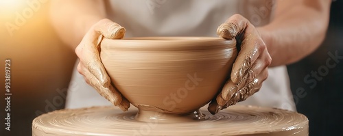 Pottery artist shaping a clay bowl on a spinning wheel, realistic wet clay and hand movements, photo realistic, craft art process photo