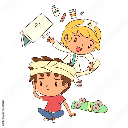 Doctor healing little boy, children's illustration