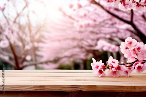 Empty wood table for display product and pink sakura flower nature background photo